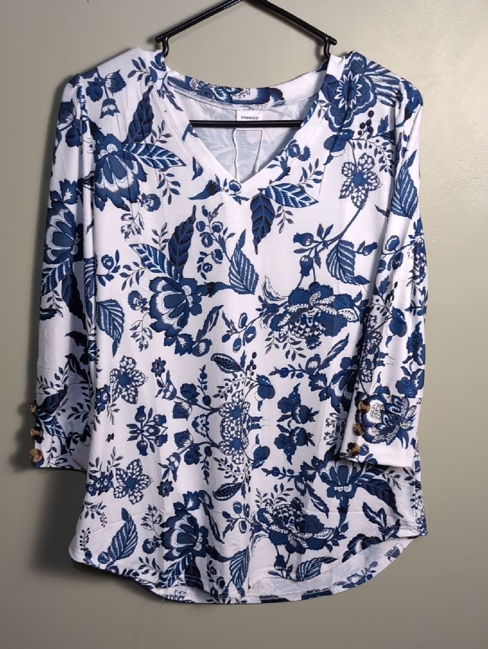 Women's White V-Neck Tunic with Blue Floral Print